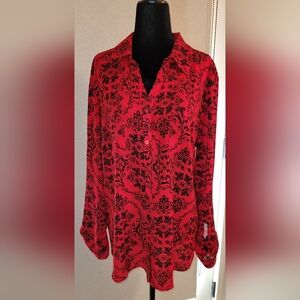 Red & Black Floral Women's Roll Tab Long Sleeve  Button Up Blouse.  Valentines L